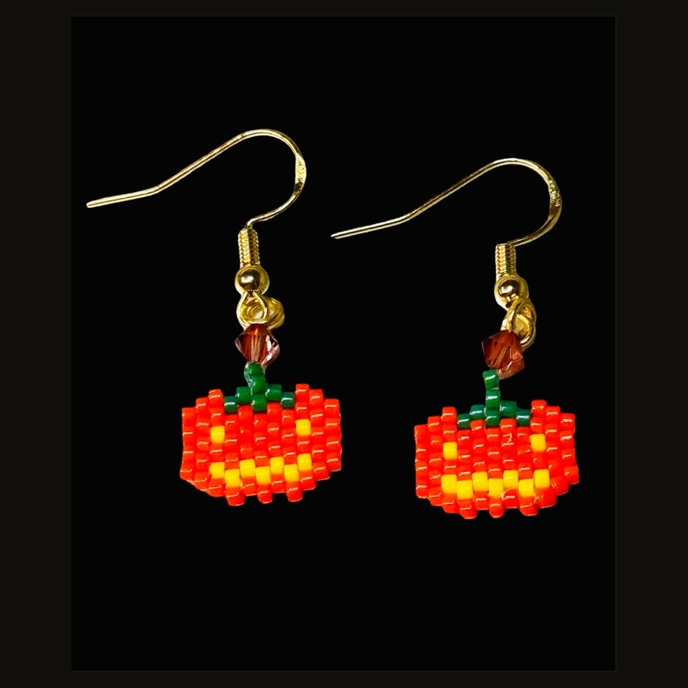 Handcrafted Small Beaded Pumpkin Jack O Lantern Earrings - Gold Plated